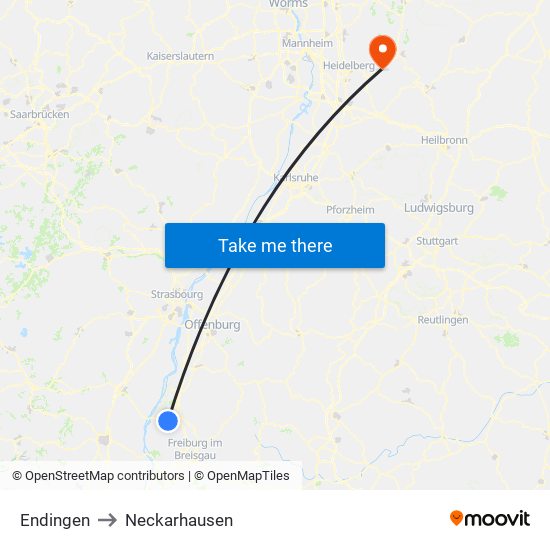 Endingen to Neckarhausen map