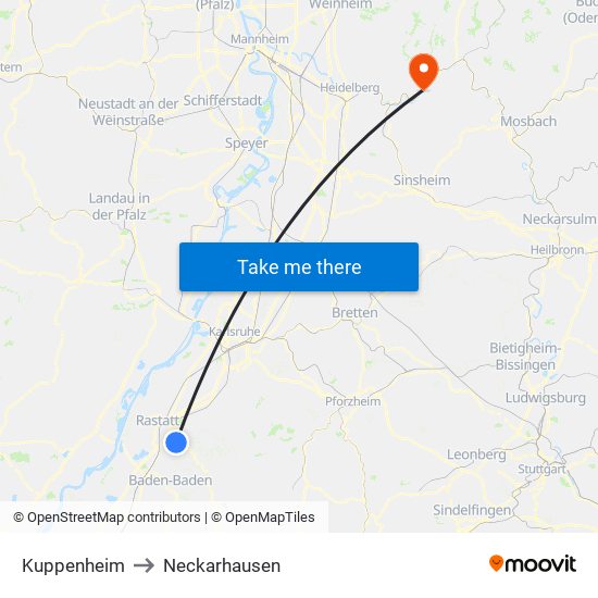 Kuppenheim to Neckarhausen map