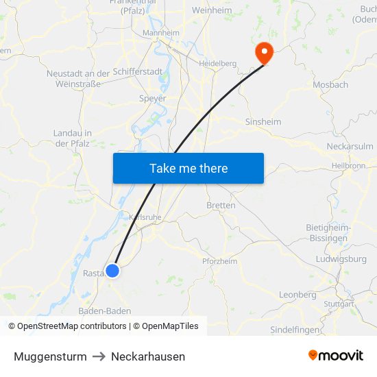 Muggensturm to Neckarhausen map