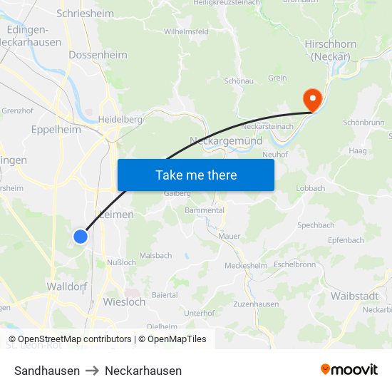 Sandhausen to Neckarhausen map