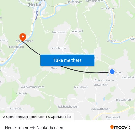 Neunkirchen to Neckarhausen map