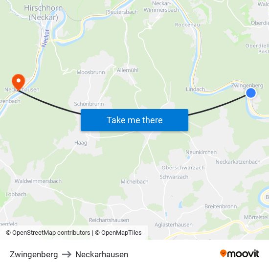 Zwingenberg to Neckarhausen map