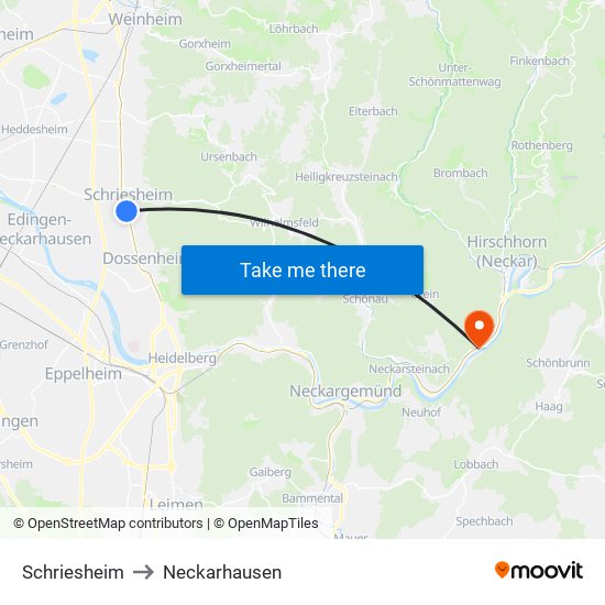 Schriesheim to Neckarhausen map
