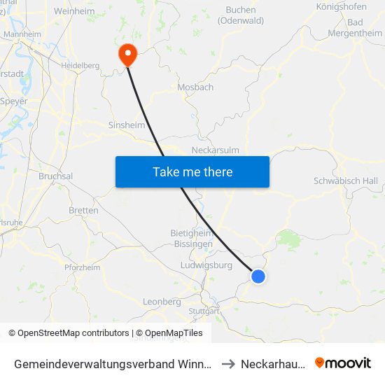 Gemeindeverwaltungsverband Winnenden to Neckarhausen map