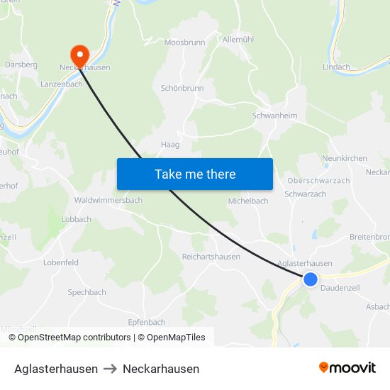 Aglasterhausen to Neckarhausen map