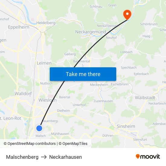 Malschenberg to Neckarhausen map