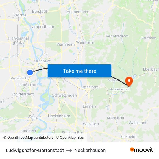 Ludwigshafen-Gartenstadt to Neckarhausen map