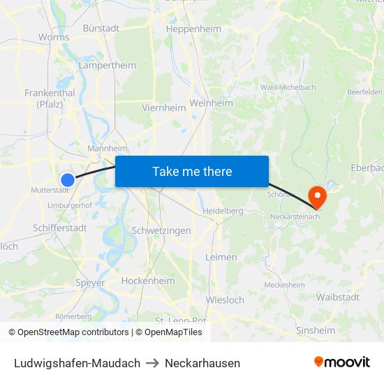 Ludwigshafen-Maudach to Neckarhausen map