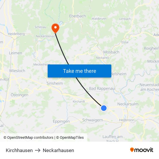 Kirchhausen to Neckarhausen map