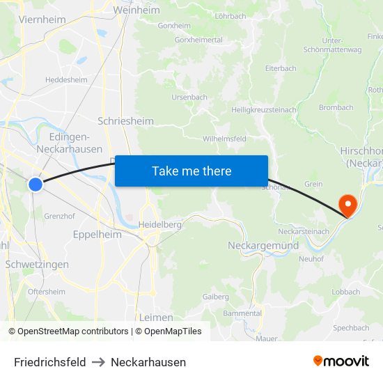 Friedrichsfeld to Neckarhausen map