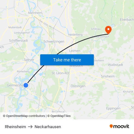 Rheinsheim to Neckarhausen map