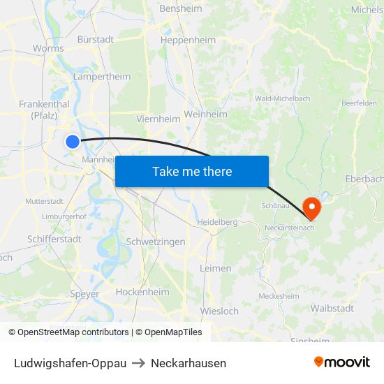 Ludwigshafen-Oppau to Neckarhausen map