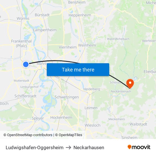 Ludwigshafen-Oggersheim to Neckarhausen map