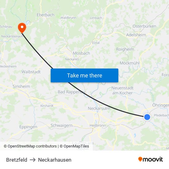 Bretzfeld to Neckarhausen map