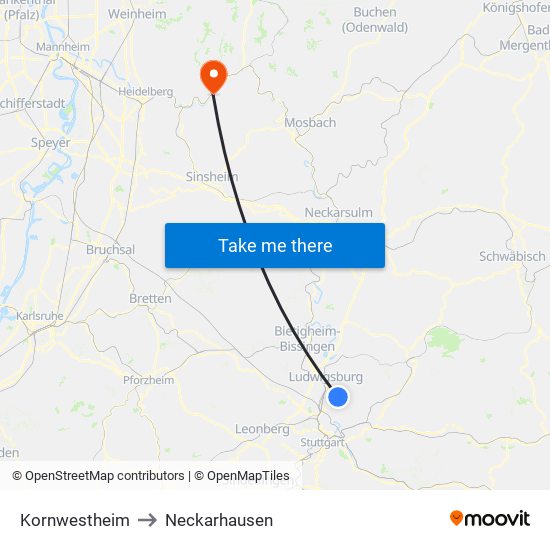 Kornwestheim to Neckarhausen map