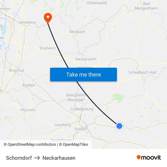 Schorndorf to Neckarhausen map