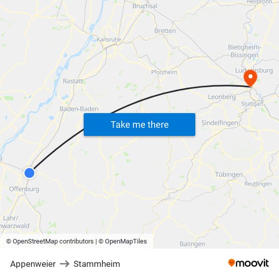 Appenweier to Stammheim map