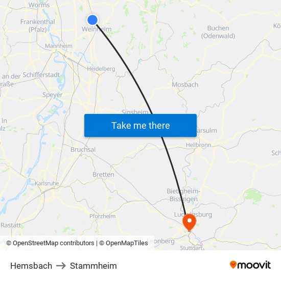 Hemsbach to Stammheim map