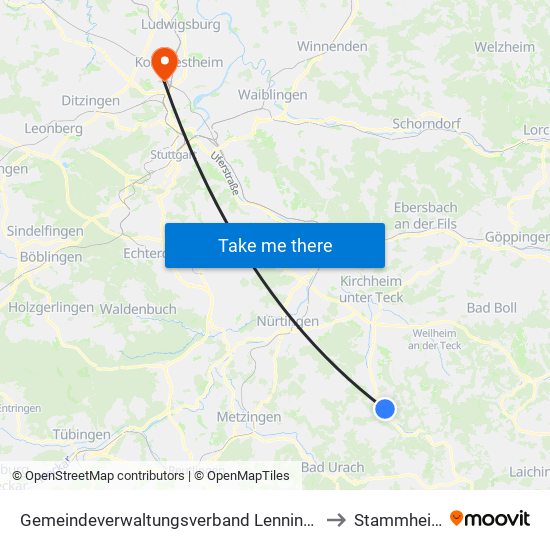 Gemeindeverwaltungsverband Lenningen to Stammheim map