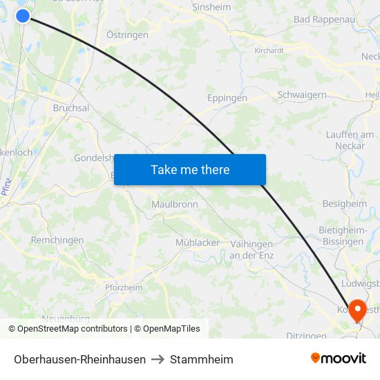 Oberhausen-Rheinhausen to Stammheim map