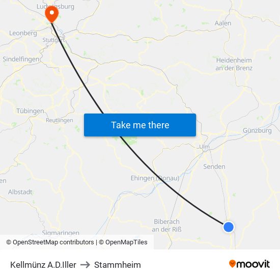 Kellmünz A.D.Iller to Stammheim map