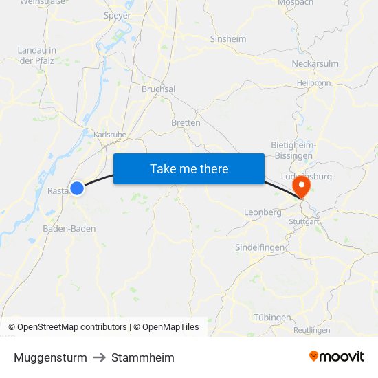 Muggensturm to Stammheim map