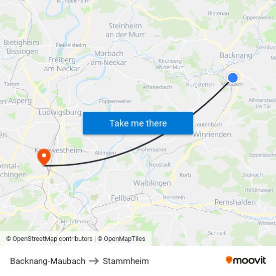 Backnang-Maubach to Stammheim map