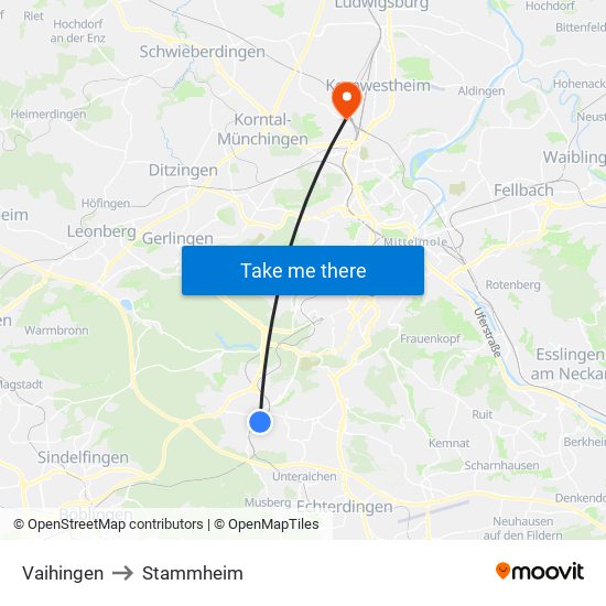 Vaihingen to Stammheim map