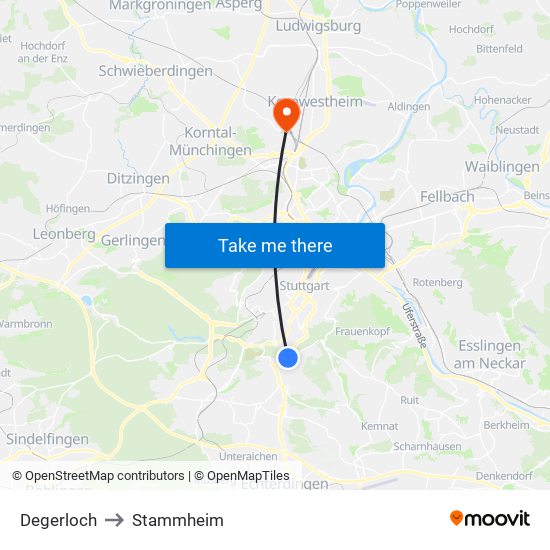 Degerloch to Stammheim map