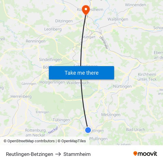 Reutlingen-Betzingen to Stammheim map