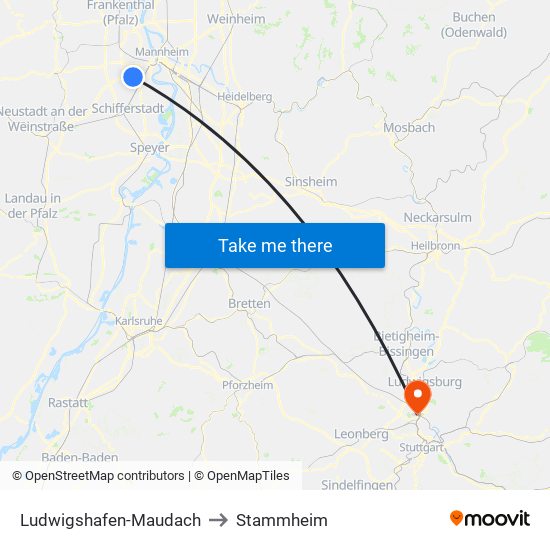 Ludwigshafen-Maudach to Stammheim map