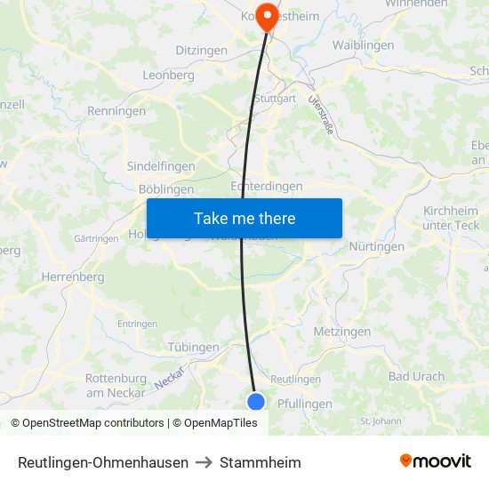 Reutlingen-Ohmenhausen to Stammheim map