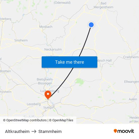 Altkrautheim to Stammheim map