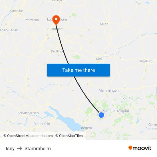 Isny to Stammheim map