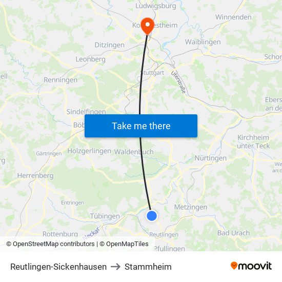 Reutlingen-Sickenhausen to Stammheim map