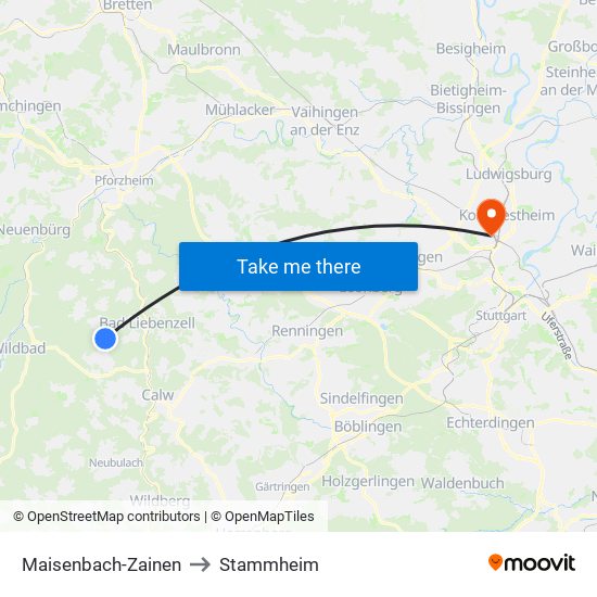 Maisenbach-Zainen to Stammheim map