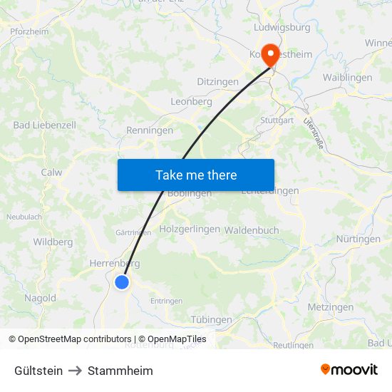 Gültstein to Stammheim map