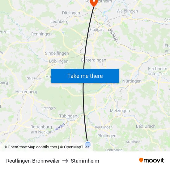 Reutlingen-Bronnweiler to Stammheim map