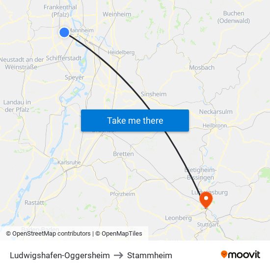 Ludwigshafen-Oggersheim to Stammheim map