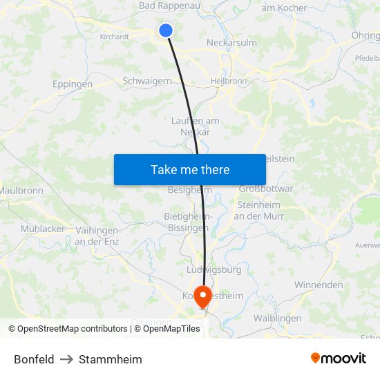 Bonfeld to Stammheim map