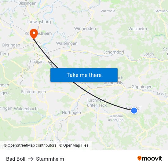 Bad Boll to Stammheim map