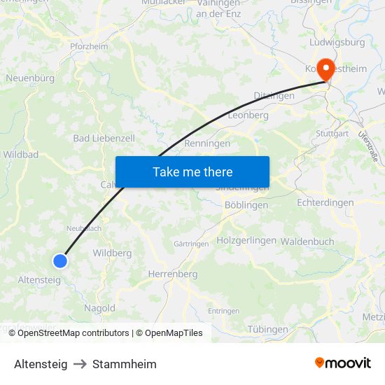 Altensteig to Stammheim map