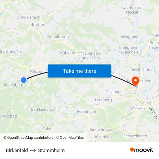 Birkenfeld to Stammheim map