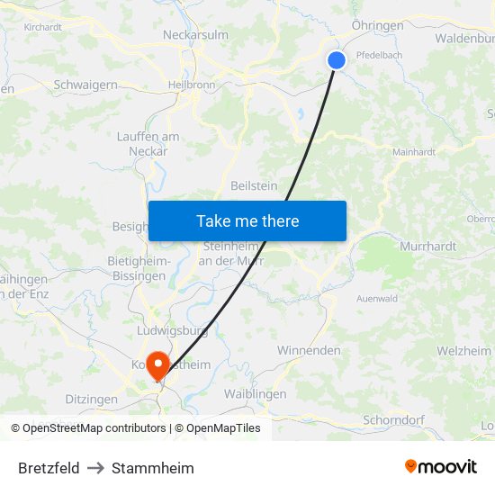 Bretzfeld to Stammheim map