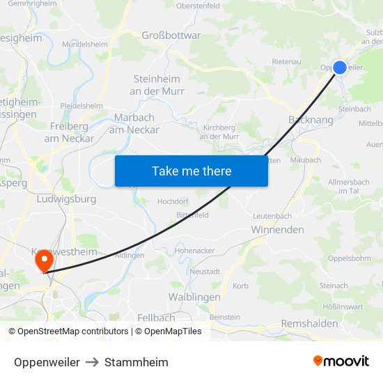 Oppenweiler to Stammheim map