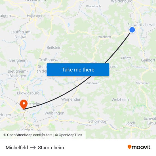 Michelfeld to Stammheim map