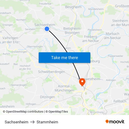 Sachsenheim to Stammheim map