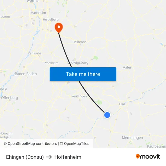 Ehingen (Donau) to Hoffenheim map