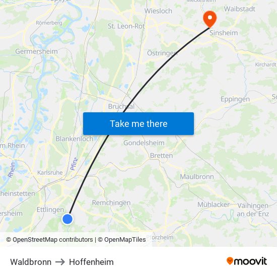 Waldbronn to Hoffenheim map