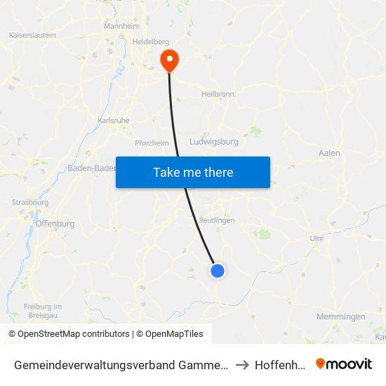 Gemeindeverwaltungsverband Gammertingen to Hoffenheim map